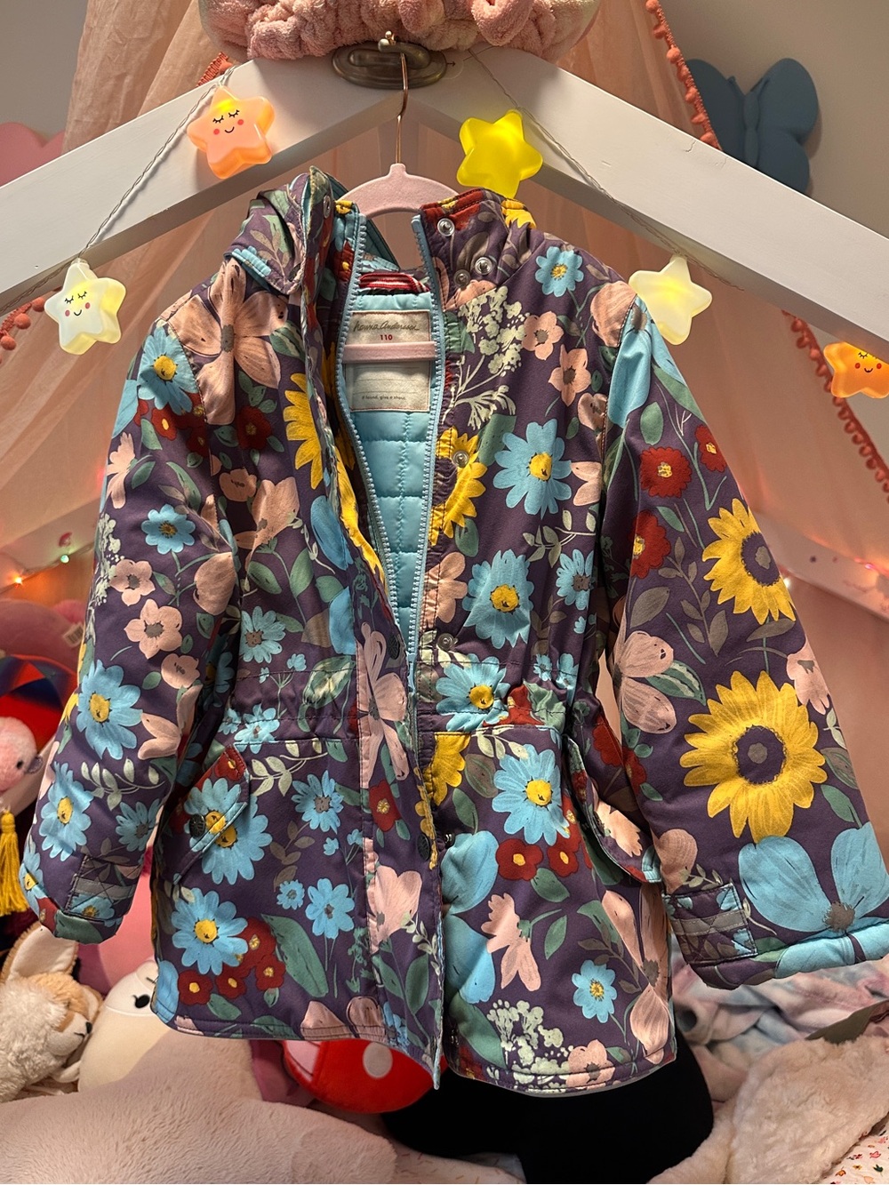 Hanna Andersson Hooded Winter Ski Coat – Teal w/ Floral Print – Size 5T/110